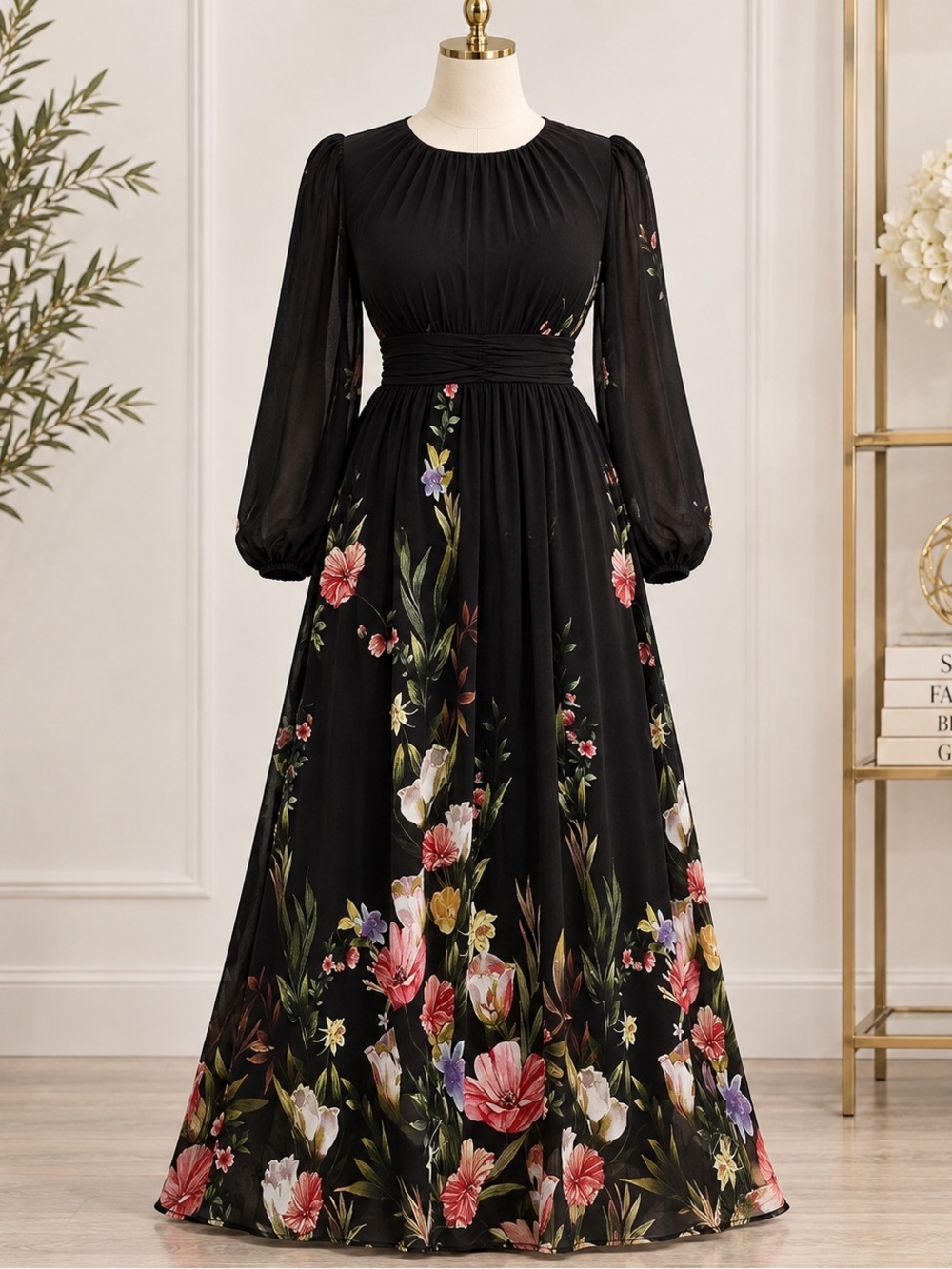 Plus-Size Floral Print Lantern Sleeve Dress